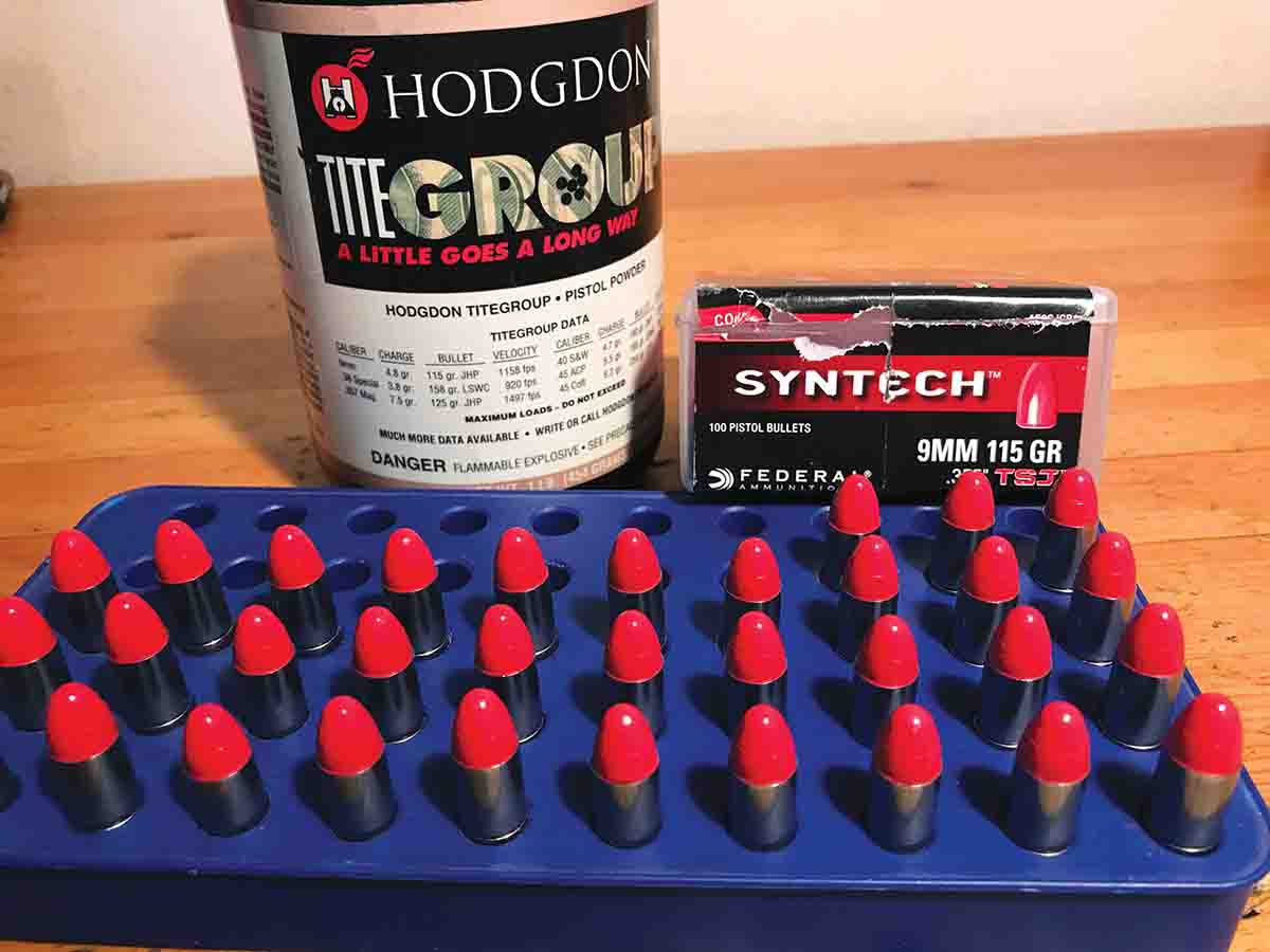 Titegroup is a good powder for handloading the 9mm Luger cartridge with Syntech bullets.